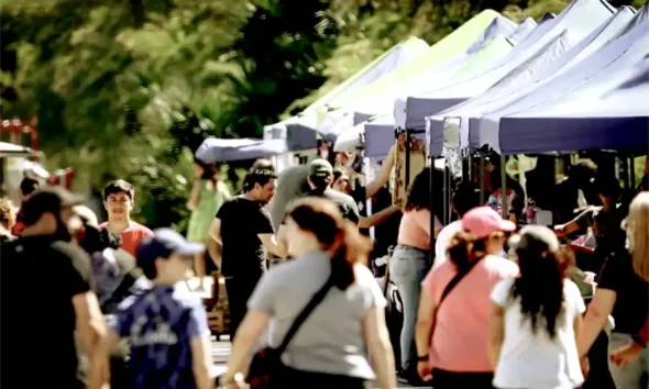 Mercado al aire libre con gente en fin de semana largo
