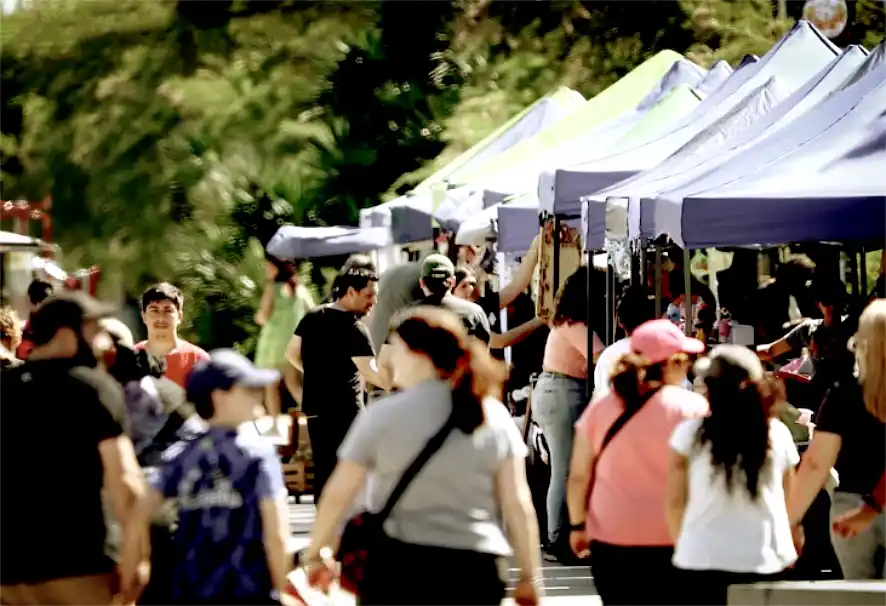 Mercado al aire libre con gente en fin de semana largo