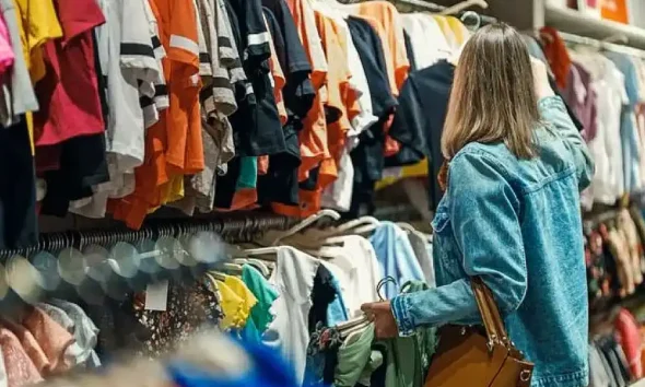 Mujer eligiendo ropa en tienda de ventas PyME