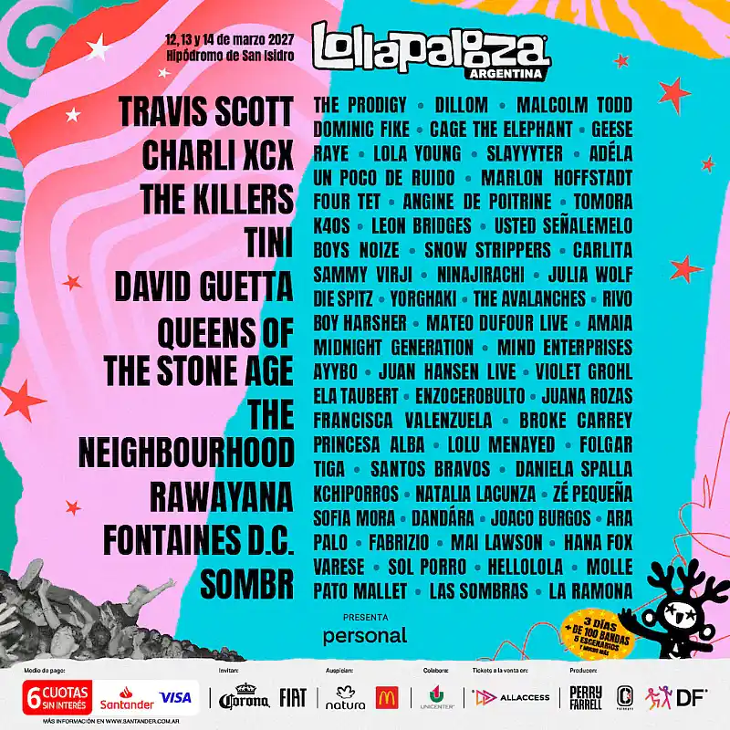 Lollapalooza Argentina 2027: Travis Scott, TINI y The Killers lideran el festival 36 Lollapalooza Argentina 2027